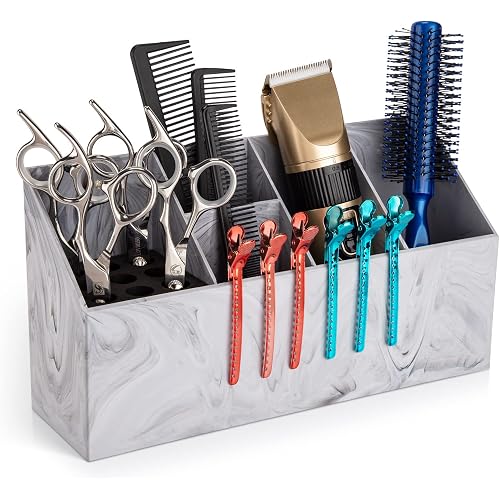 Noverlife Salon Shear Holder, Large Marble Pattern Hair Stylist Shears Rack Neat Desk Organizer, Professional Barber Scissor Holder Pet Grooming Storage Box Container Case for Clippers Combs Clips