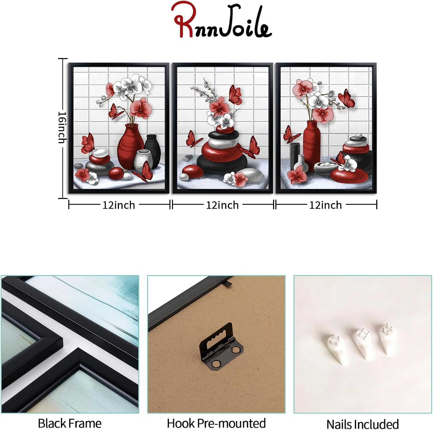 RnnJoile Red Bathroom Decor Zen Pictures Wall Art Orchid Flower Zen Stone Modern Bathroom Decor Black Frame 12x16 inch each piece