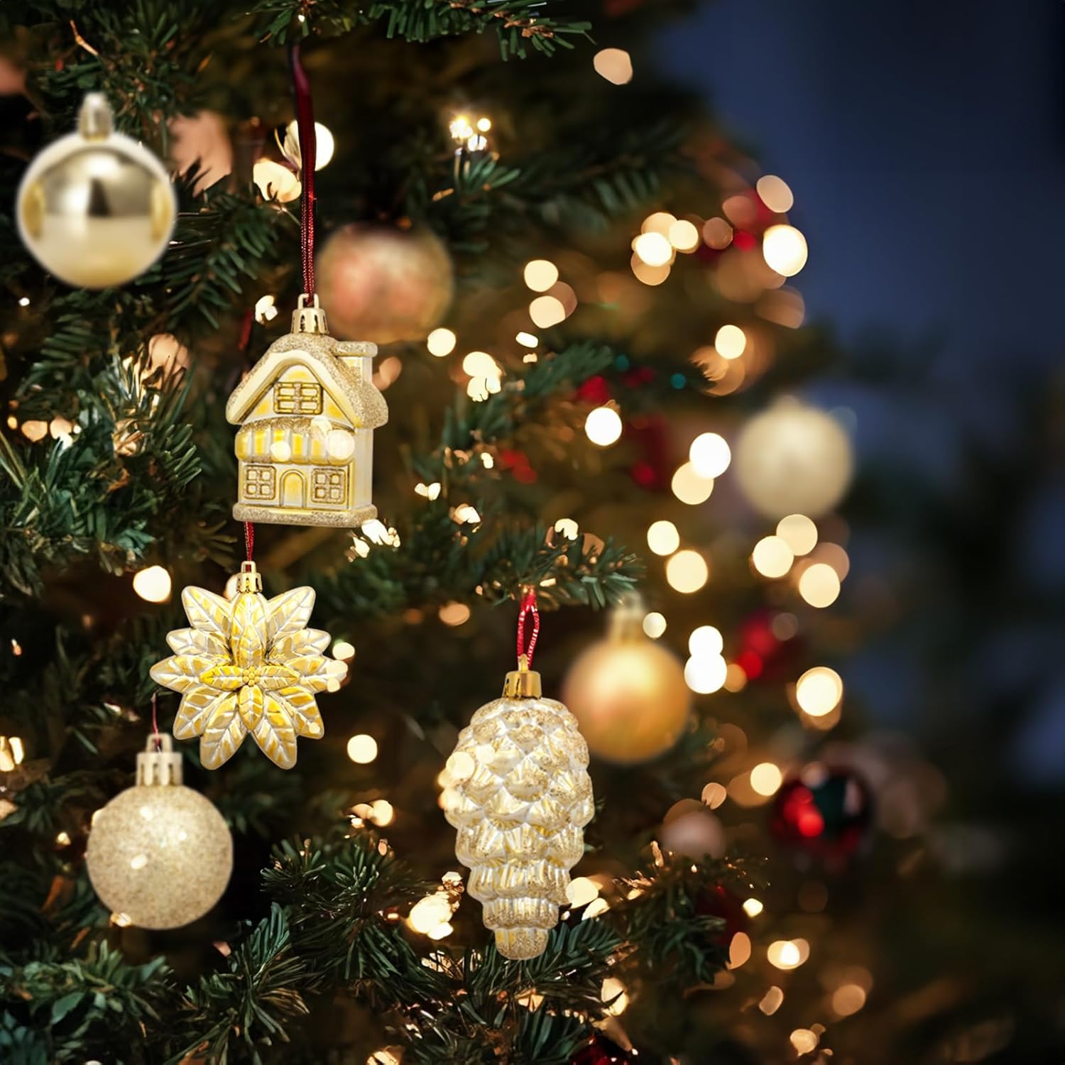 72ct Christmas Balls Tree Ornament Set Shatterproof Assorted Hanging Decorations in a Hand-held Gift Package for Xmas Tree Decor(Gold) - Image 5