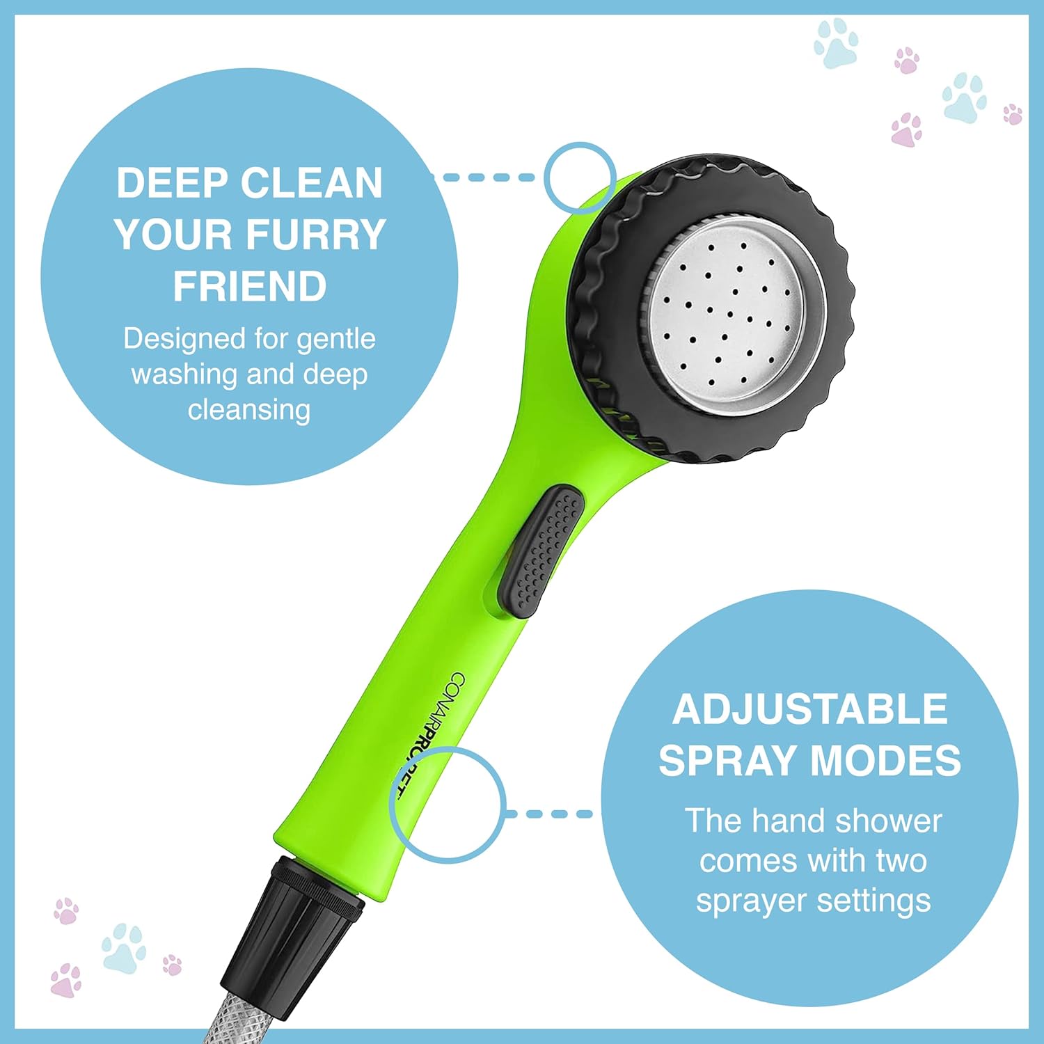 CONAIRPRO Dog & Cat Deluxe Indoor/Outdoor Pet Washer, Dog Shower Attachment with Dual Connectors to Easily Attach, Soft Rubber Massage Fingers, Dual Spray Modes