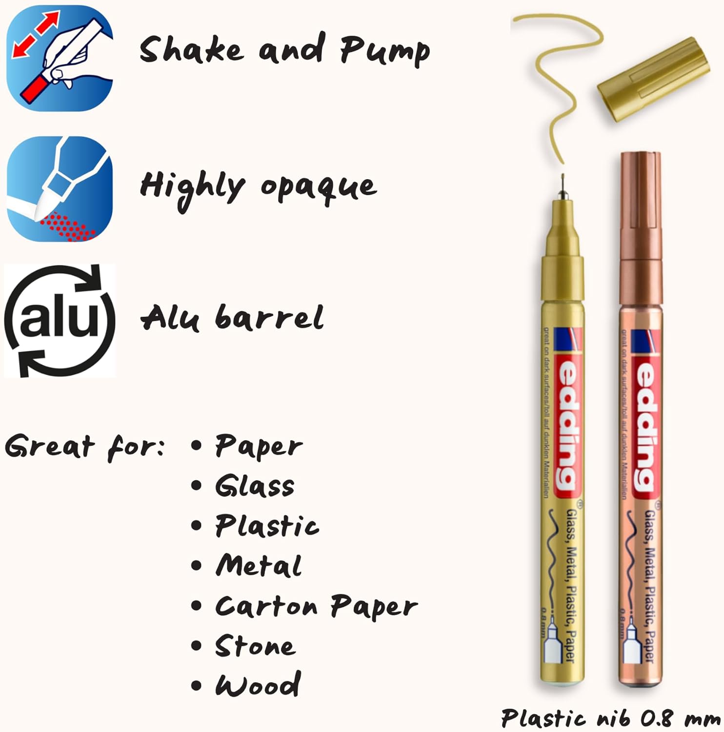 Edding 780 gloss paint marker - white, gold, silver - set of 3 paint markers - extra-fine round nib 0.8 mm - paint pen for glass, pebbles, wood, plastic, paper - waterproof, high coverage