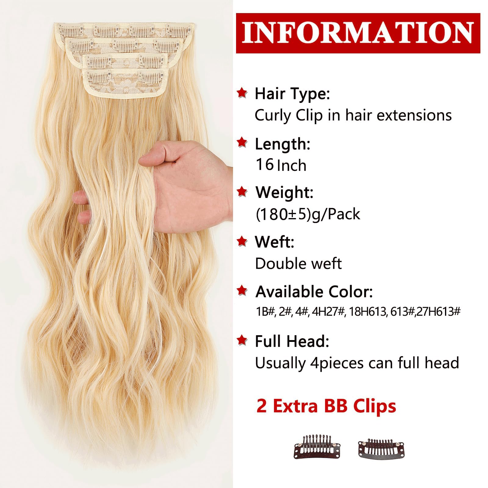 Xtrend 16Inch Wavy Clip in Hair Extensions - Synthetic Full Head Set Thick Curly Wavy Hair, C8#, 16 Inch (Pack of 4) - Image 2