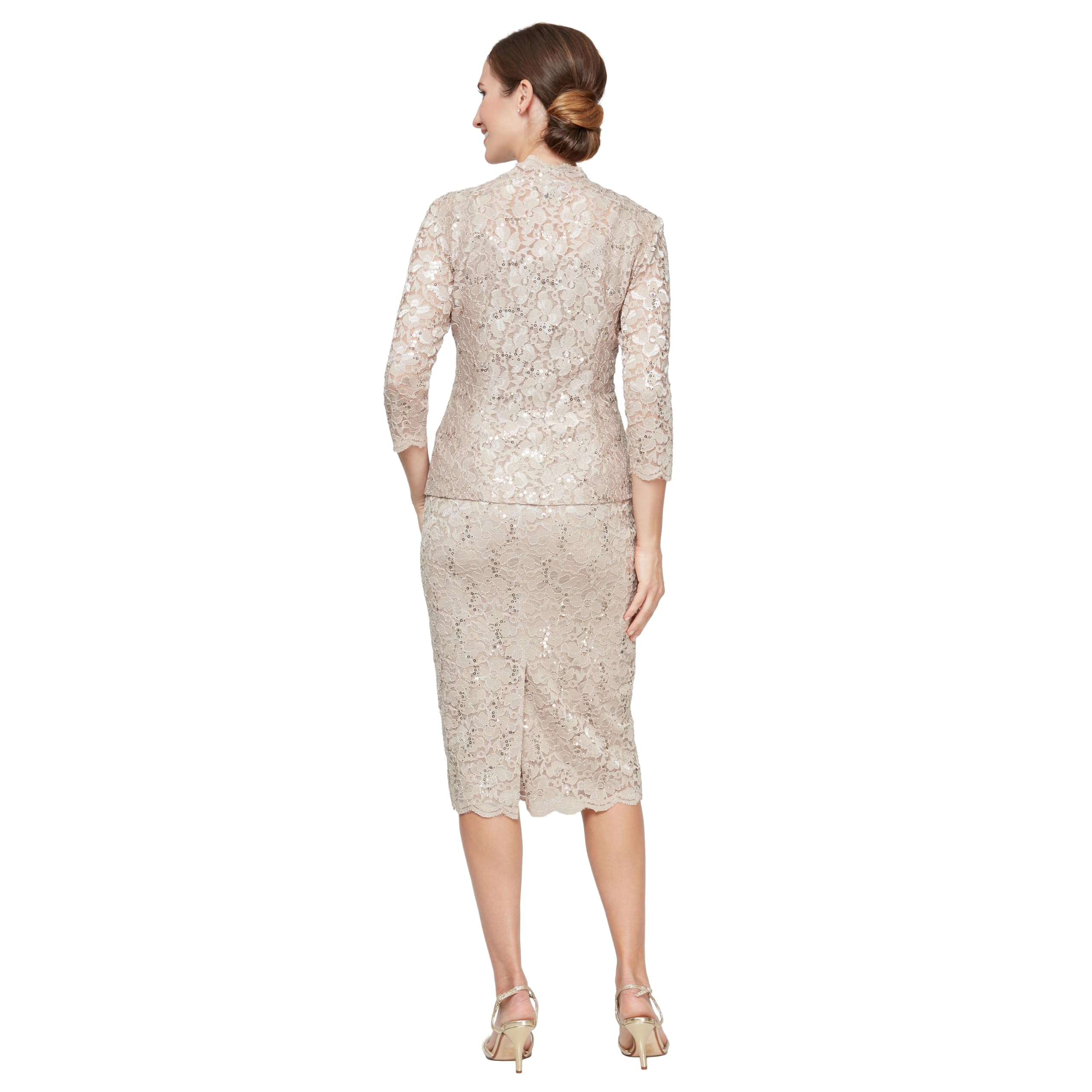 S.L. Fashions Women's Tea Length Sequin Lace Special Occasion Dress with Illusion Sleeve Jacket (Petite and Regular Sizes), Champagne, 14