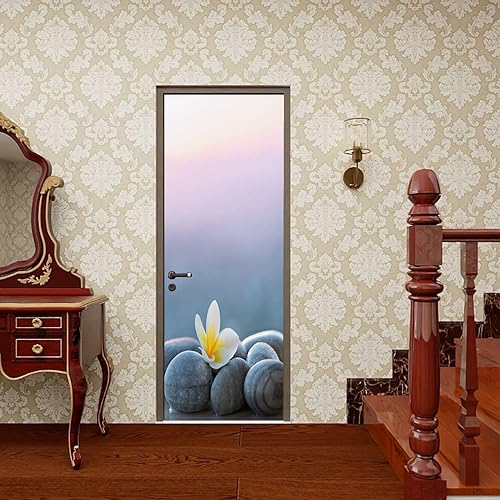 Miniatura 3 de Adhesivo autoadhesivo para puerta, piedras de flores de plumeria para fondo de spa, murales de PVC para puerta, impermeables, extraíbles para