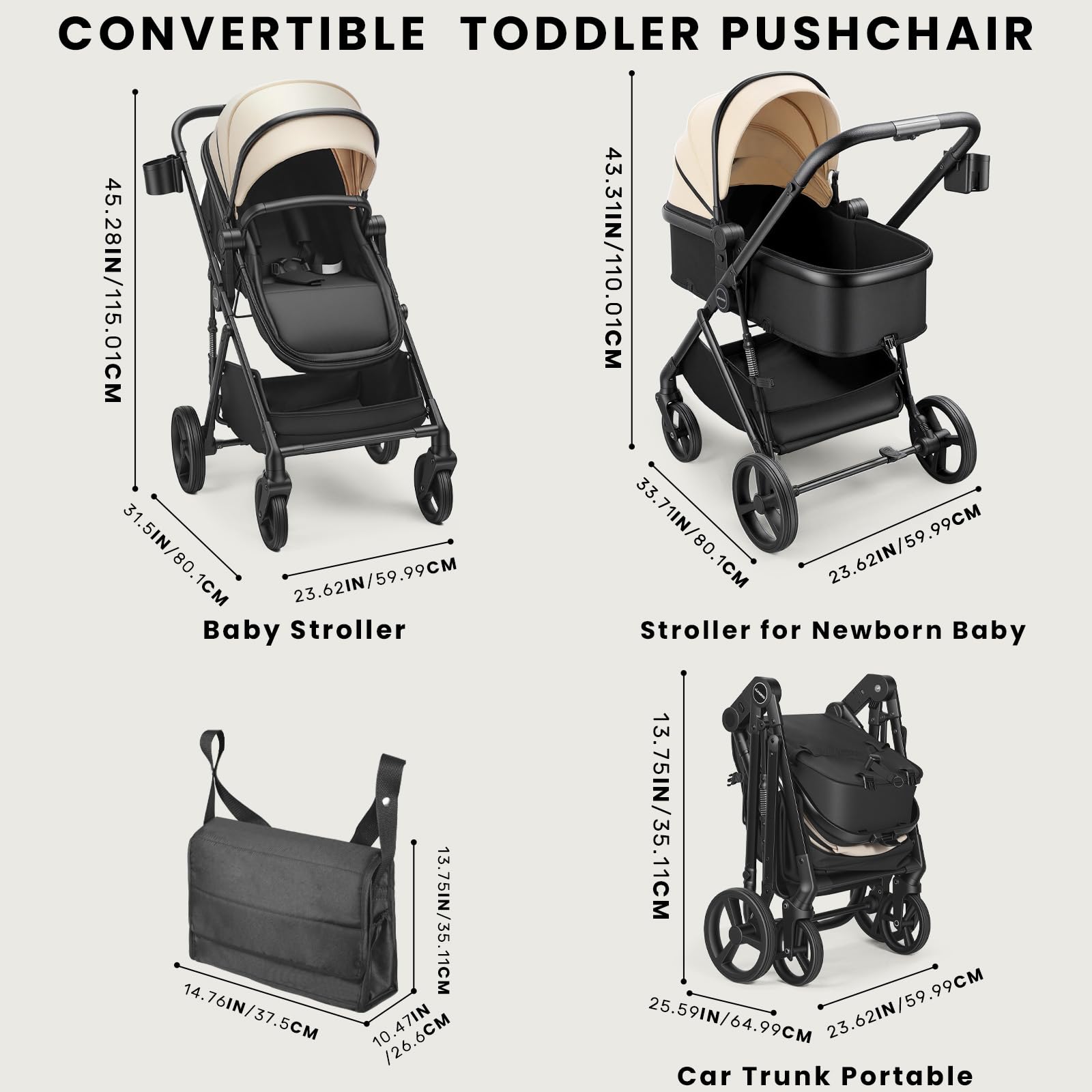 2-in-1 Kinderwagen für 0-36 Monate, Drehbarer Sitz, Leichter Aluminiumrahmen, Kompakte Faltung, Gefederte Räder, Große Tasche, Getränkehalter, CE-Zertifizierter-Kinderwagen