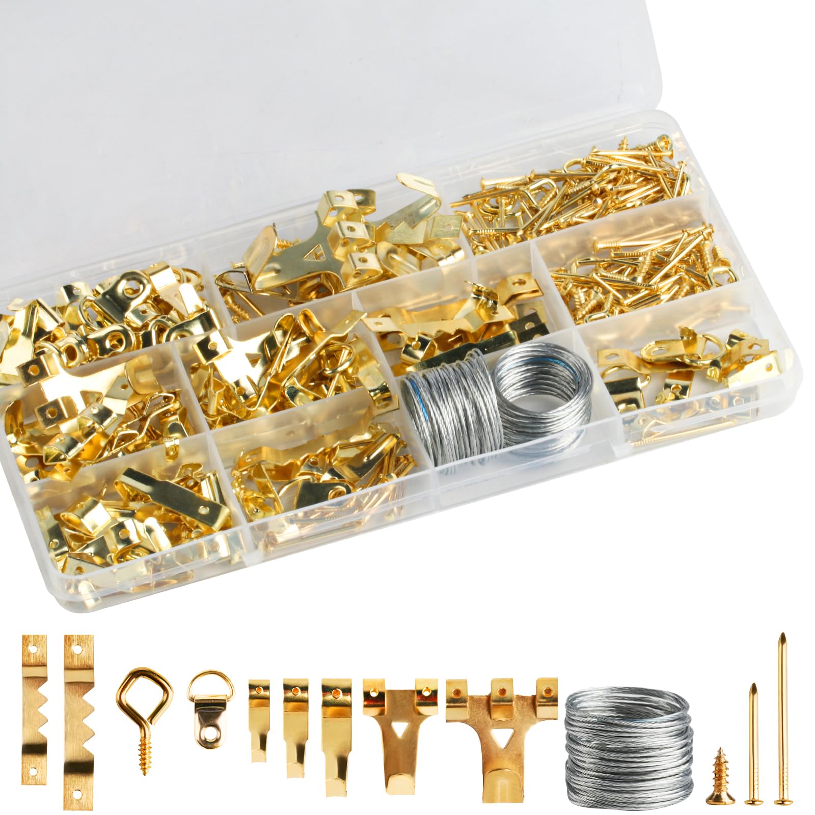 Pack De 251 Piezas Para Colgar Cuadros – Ganchos De Sierra Y Triangulares, Con Tornillos, Destornillador Y Caja Organizadora, Color Negro Y Dorado