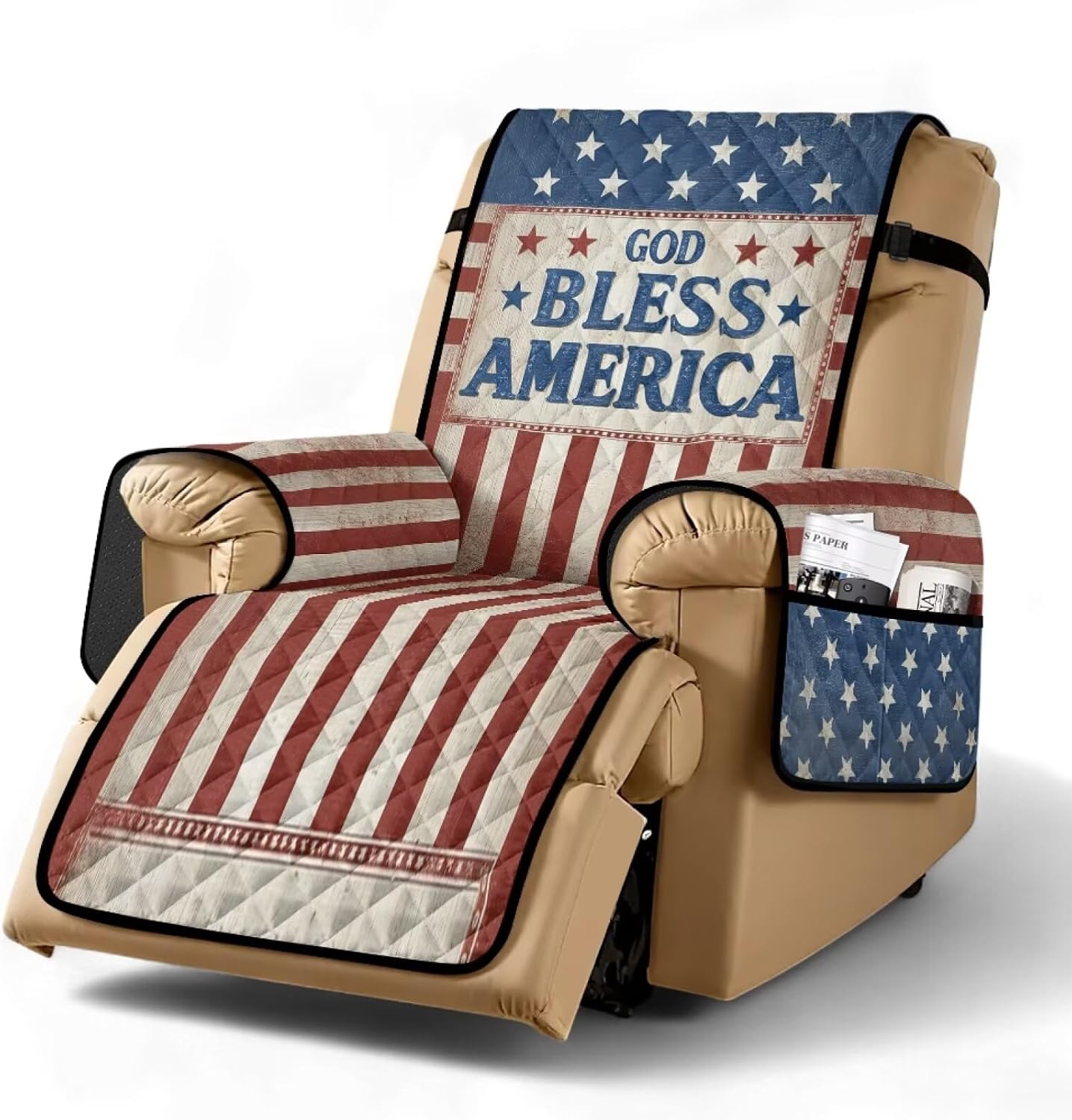 American Flag Print Recliner Covers Non-Slip Reclining Cover with Pocket Stretch Recliner Chair Covers with Elastic Strap God Bless America Print Washable Furniture Protector for Pets