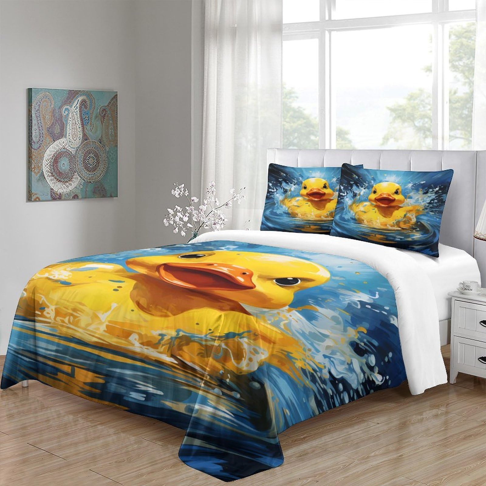 Gummi Ente Splash 3-teiliges Reines Polyester Cartoon spielerischer Stil Bettbezugset, Versteckter Reißverschluss, Für Kleinkinder, Babysicher & Gifffrei, Pflegeleicht King（220x240cm）