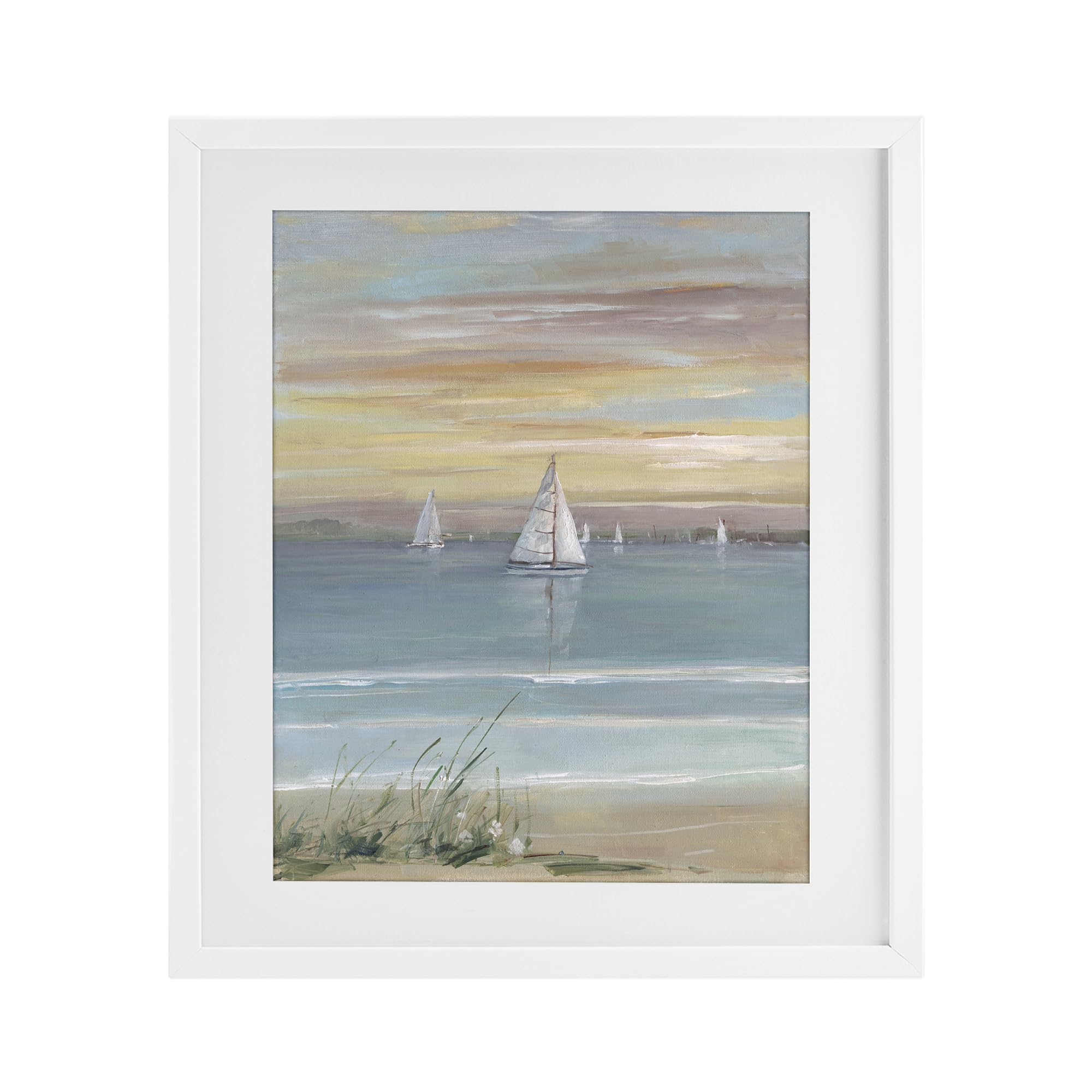 Coastal Sailboats Twilight Seascape, 17 x 21 Inch Framed Print Under Glass