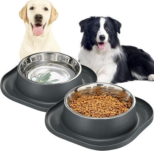 Paquete de 2 cuencos grandes de acero inoxidable para perros, 7 tazas para agua y alimentos con base de goma antideslizante para mascotas grandes,