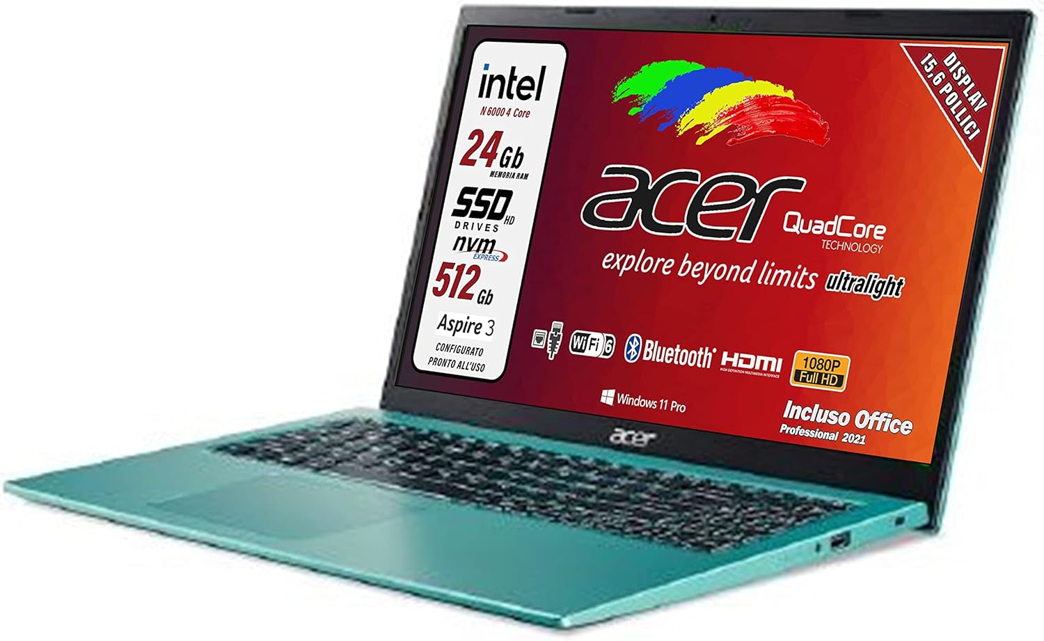 Acer Portatile Intel, 4 Core N 6000, RAM 24 Gb, SSD M2 Pci da 512 Gb, Display FULLHD da 15,6, web cam, 3 usb, hdmi, bluetooth, lan, wi-fi, Win 11 Pro, Suite Office, preconfigurato, Garanzia Italia Acer Portatile Intel, 4 Core N 6000, RAM 24 Gb, SSD M2 Pci da 512 Gb, Display FULLHD da 15,6, web cam, 3 usb, hdmi, bluetooth, lan, wi-fi, Win 11 Pro, Suite Office, preconfigurato, Garanzia Italia