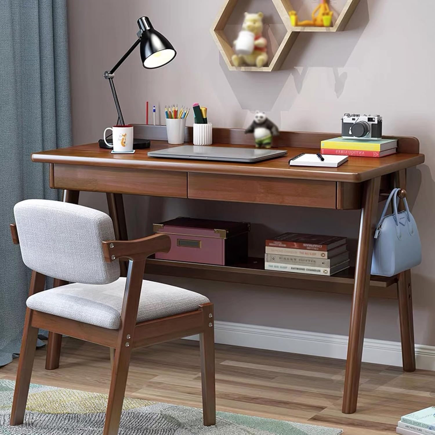 Biurko z drewna orzechowego z półkami Ders i Hoo - Home Office Study Table Writing and Work Desk 120 cm Nowoczesny drewniany design i