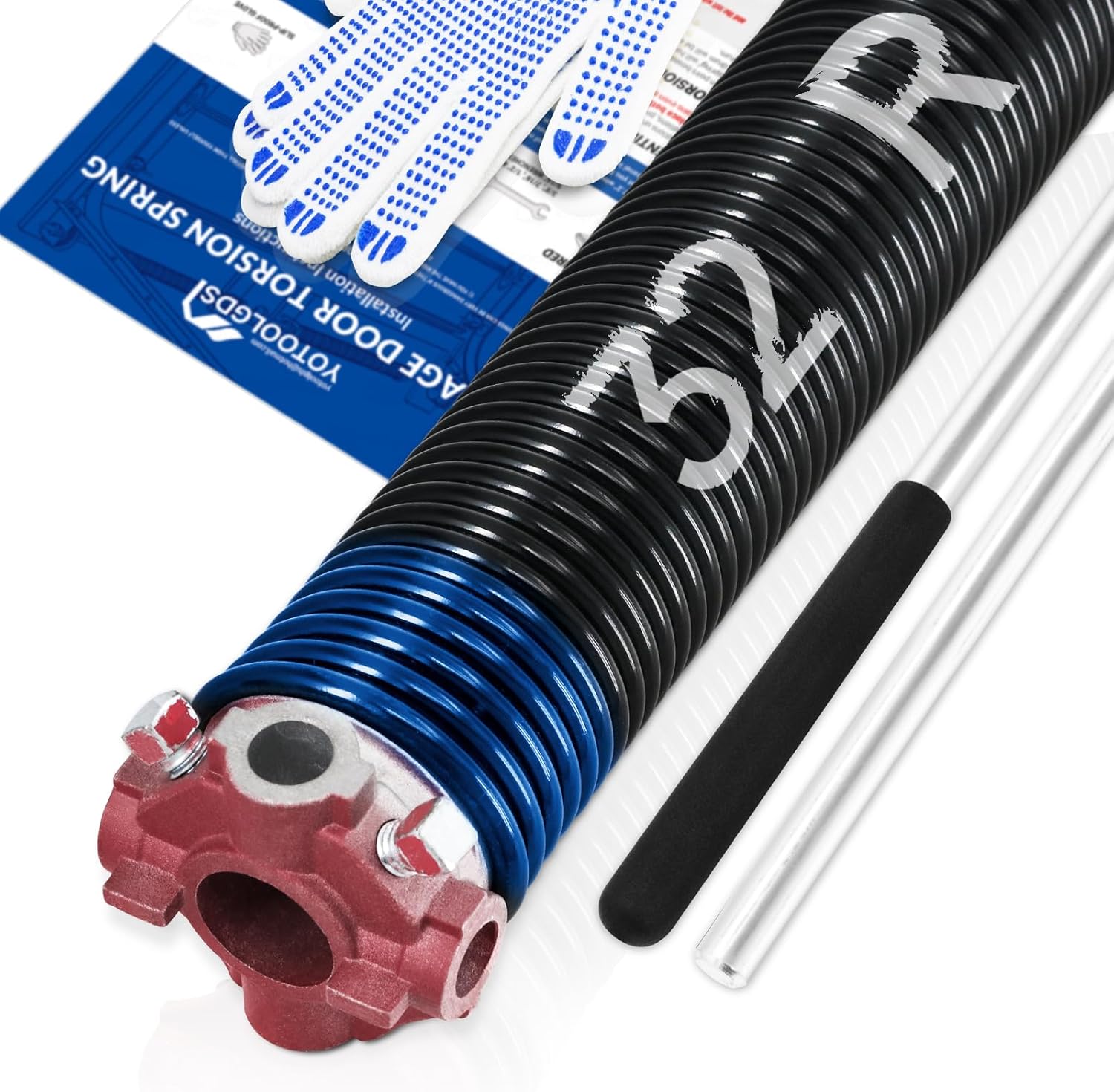 Right Hand Wind?Red Cone?2" Garage Door Torsion Spring with Non-Slip Winding Bars & Gloves, High Precision Electrophoresis Black Coated, for Replacement, MIN 16,000 Cycles (0.262x2''x32'') 0.262X2"X32"-R