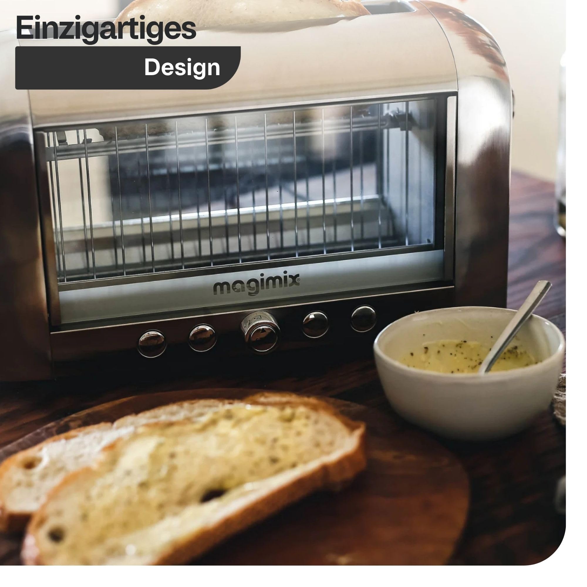 magimix Toaster – Vision - Design-Toaster mit Glasfenster, 2 Scheiben, Auftau- & Aufwärmfunktion, extra breite Schlitze, Krümelschublade, 1450W, Schwarz/Edelstahl