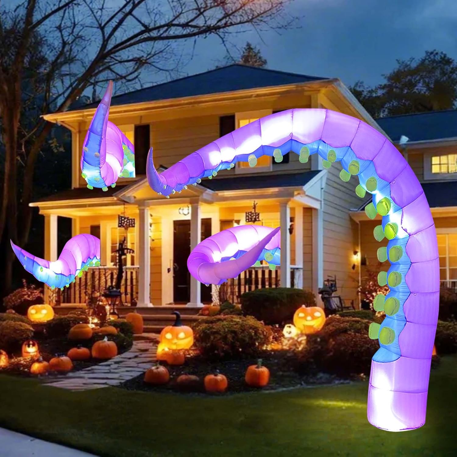 premium 16 ft inflatable tentacles for halloween with durable tear-resistant fabric, bright led lights, quiet blower, giant spooky purple octopus yard decoration (1pcs, model a)