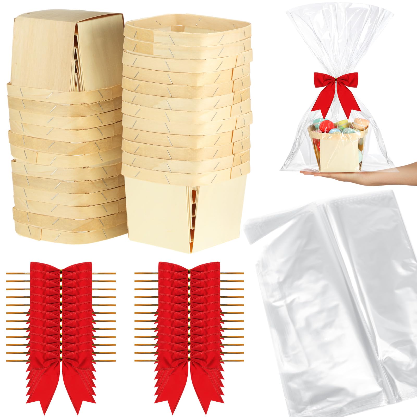 Kigley Juego de 24 cestas de regalo de madera vacías pequeñas con bolsas de celofán, kit de cesta para Pascua, recolección de frutas, cumpleaños, boda, fiesta de lazo (5.5 pulgadas, rojo)