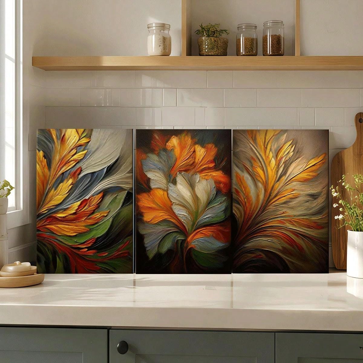 3 lienzos decorativos con estampado abstracto de hojas para la pared del salón (60x90cm x 3 / Sin marco)
