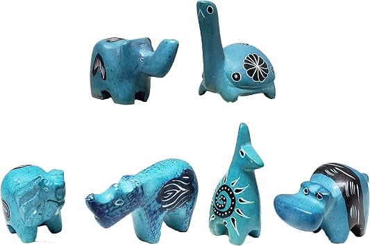 Jungle Safari Assorted 2-inch Wild Animals Soapstone Hand-Made Vary in Color and Animals Blue, 6 Pack