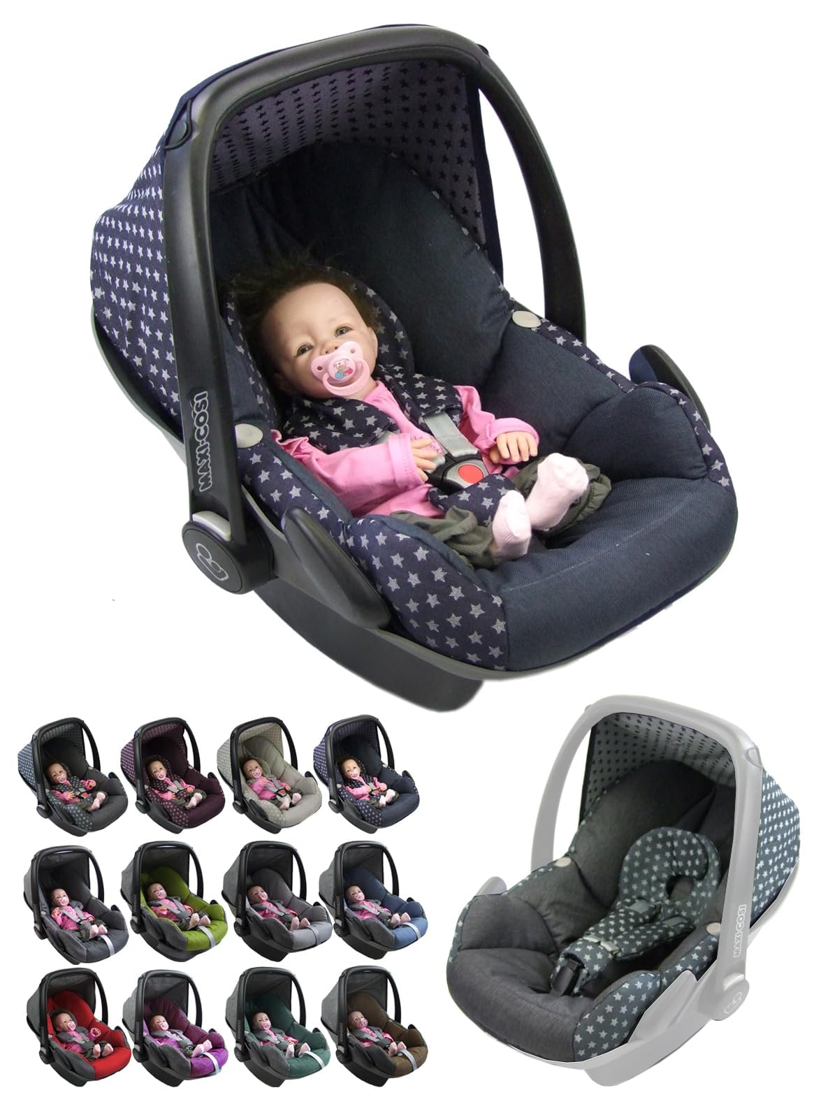 Pokrowiec [zapasowy pokrowiec na miskę dla niemowląt] kompatybilny z Maxi-Cosi Pebble, kompletny zestaw, 5-częściowy zestaw pokrowców na siedzenia z poduszkami na pasy, zagłówek (granatowe gwiazdki)