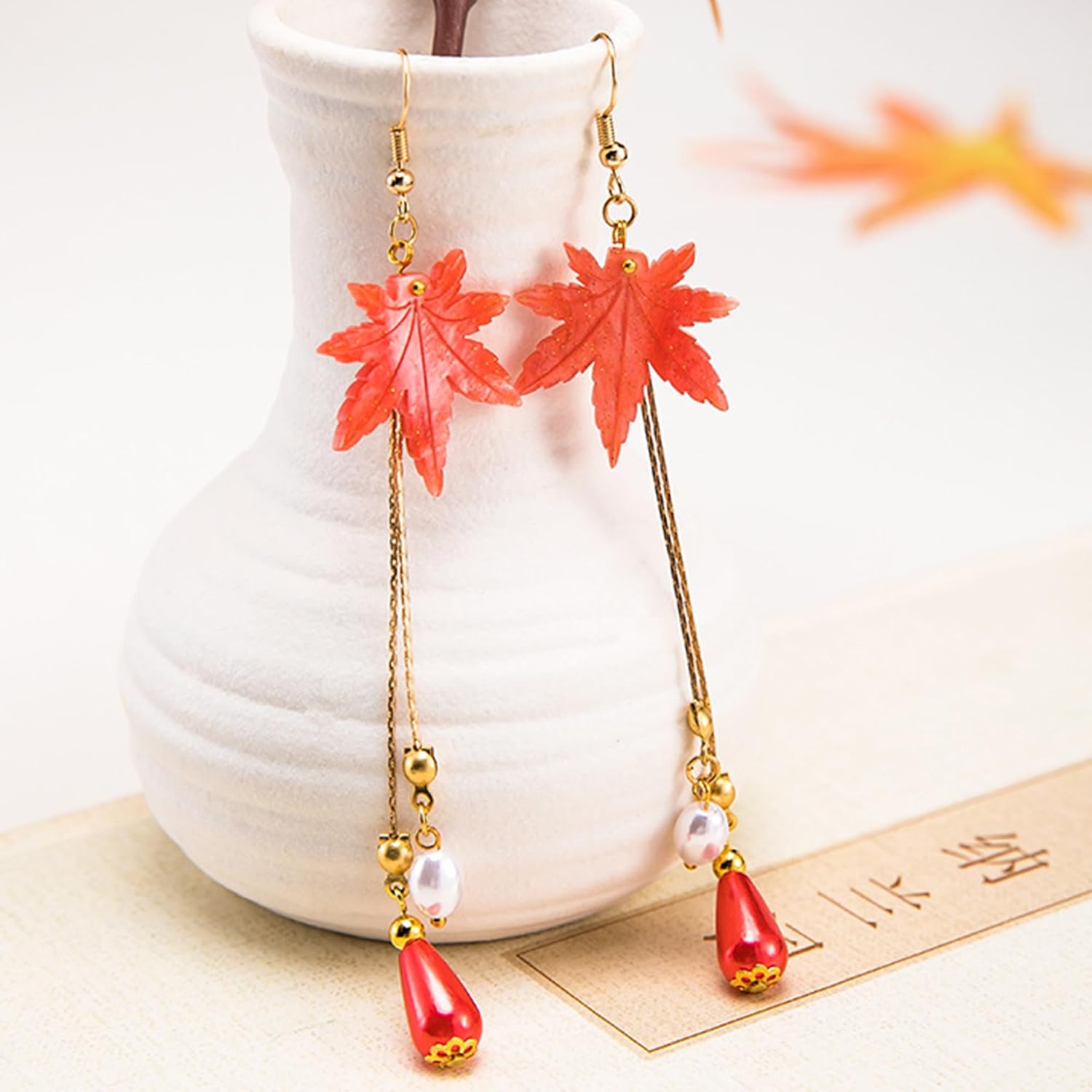 GBAHFY Red Maple Leaf Tassel Earrings Asian Inspired Chinese Style Dangle Earrings for Women Autumn Party Jewelry - Image 6