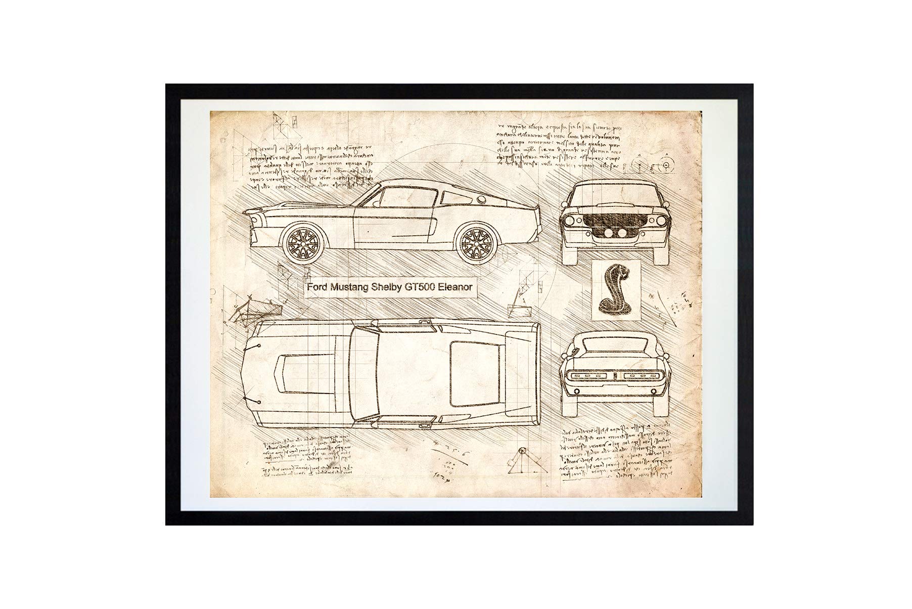 DolanPaperCo #268 Ford Mustang Shelby GT500 Eleanor 1967 Art Print, da Vinci Sketch – Unframed – Multiple Size/Color Options (16x20, Vintage)