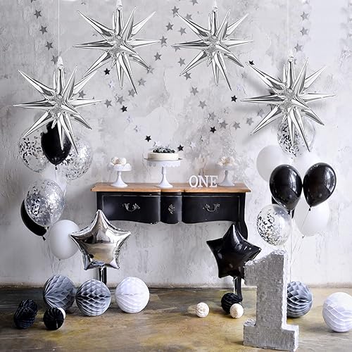 Miniatura 6 de Moukiween 6 globos de papel de aluminio de estrella de explosión, globos de estrella de 12 puntos, globos de Mylar de cono de estrella plateados,