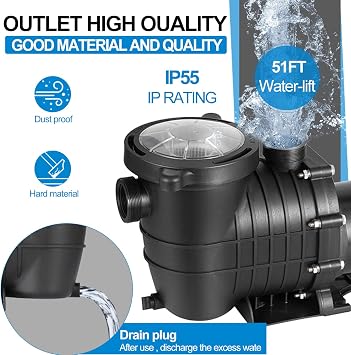 TOPDEEP 1.5 HP Pool Pump Inground, Self Primming pool pump above ground, Single Speed Swimming pool pumps Dual voltage with Strainer Basket & 2Pcs 1-1/2NPT Connectors