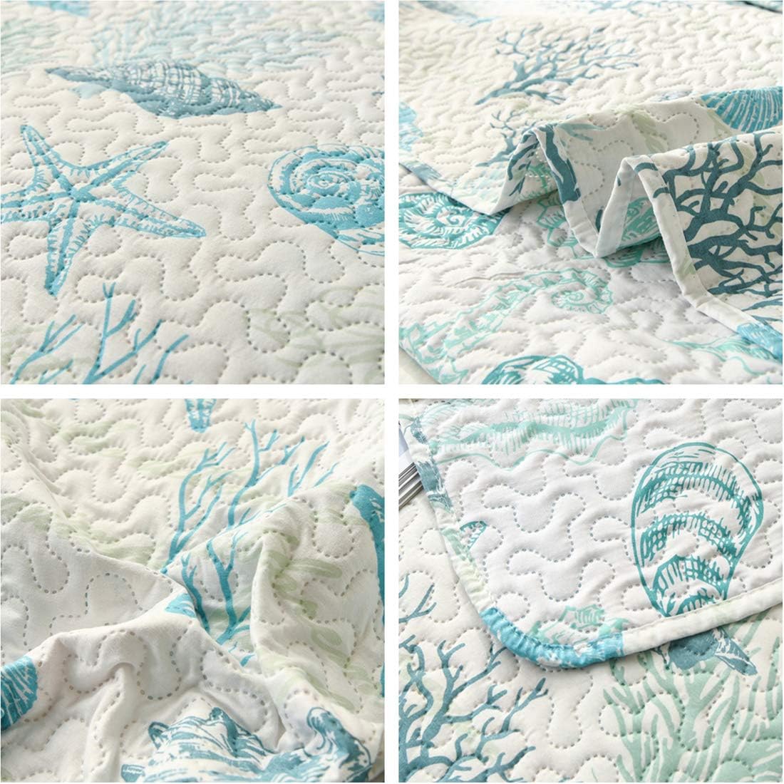 Oliven Reversible Coastal Beach Theme Quilt Set King Size Ocean Coral Bedding Seaweed Bedspread Ocean Life Blue Green White Shell Starfish Coverlet Summer Lightweight Beach Daybed Sets - Image 5