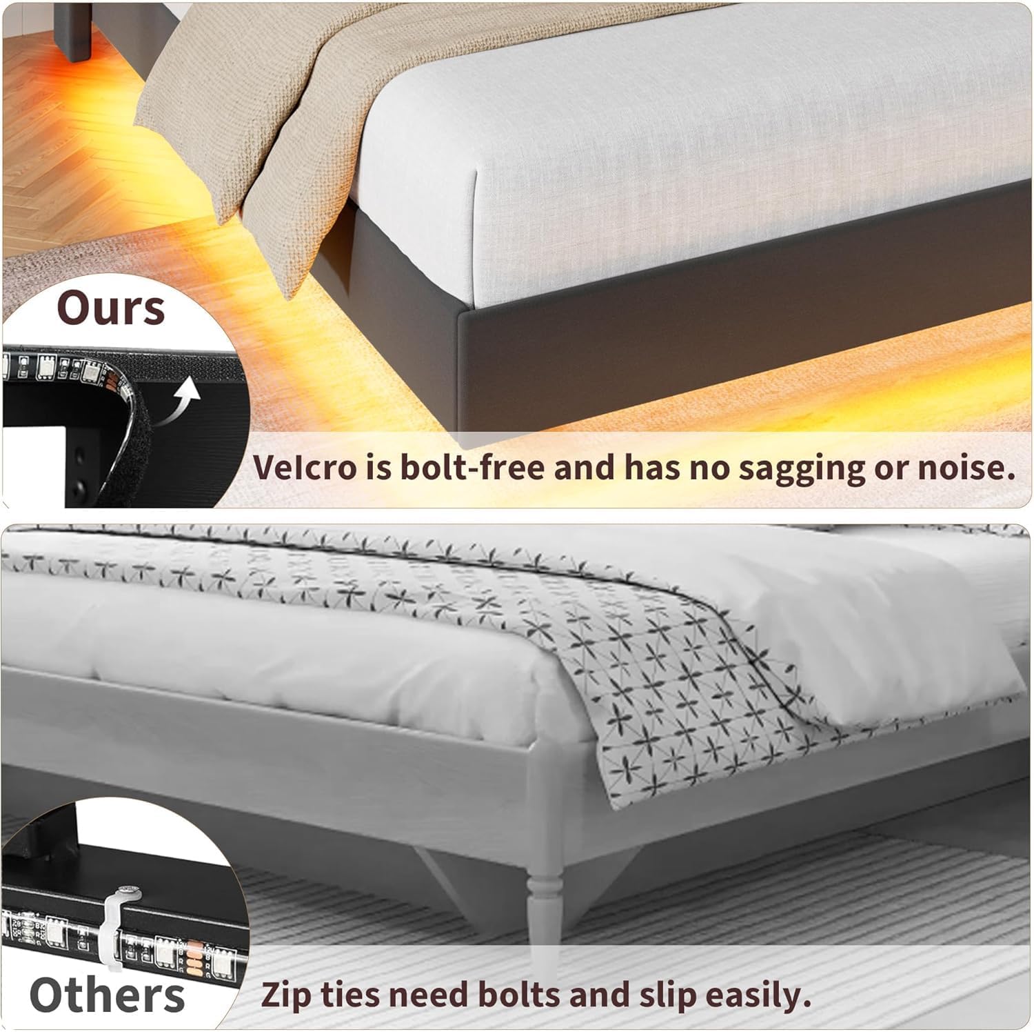 Garvee Queen Size Floating Bed Frame with RGB LED Lights and Charging Station, Upholstered Platform Bed with Storage Headboard and Button Tufted Design, No Box Spring Needed, Black