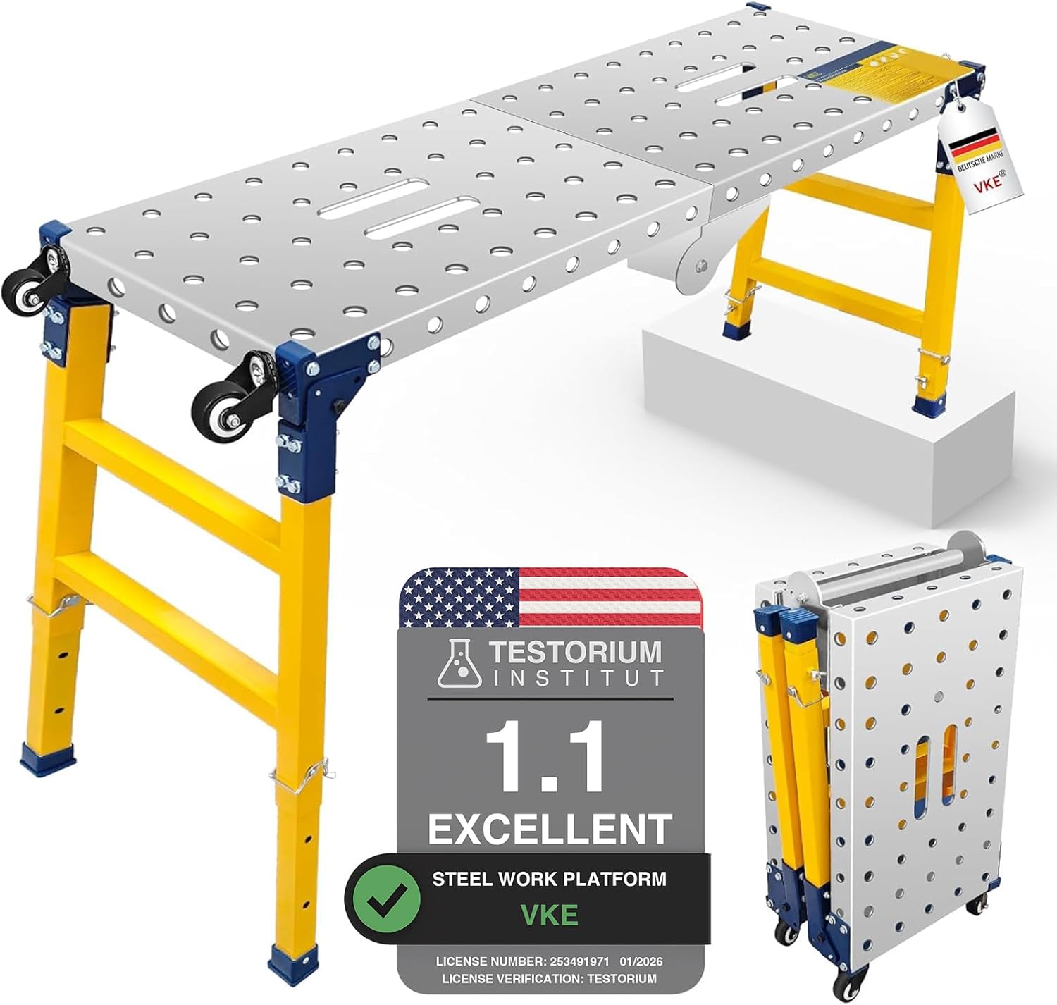 VKE Galvanized Steel Large Work Platform Support 1000 lbs 47"x14", Height 23 to 35 inches Adjustable Folding Portable Platform, Corrosion Resistance Platform Ladders with Rollers Easy to Move Store