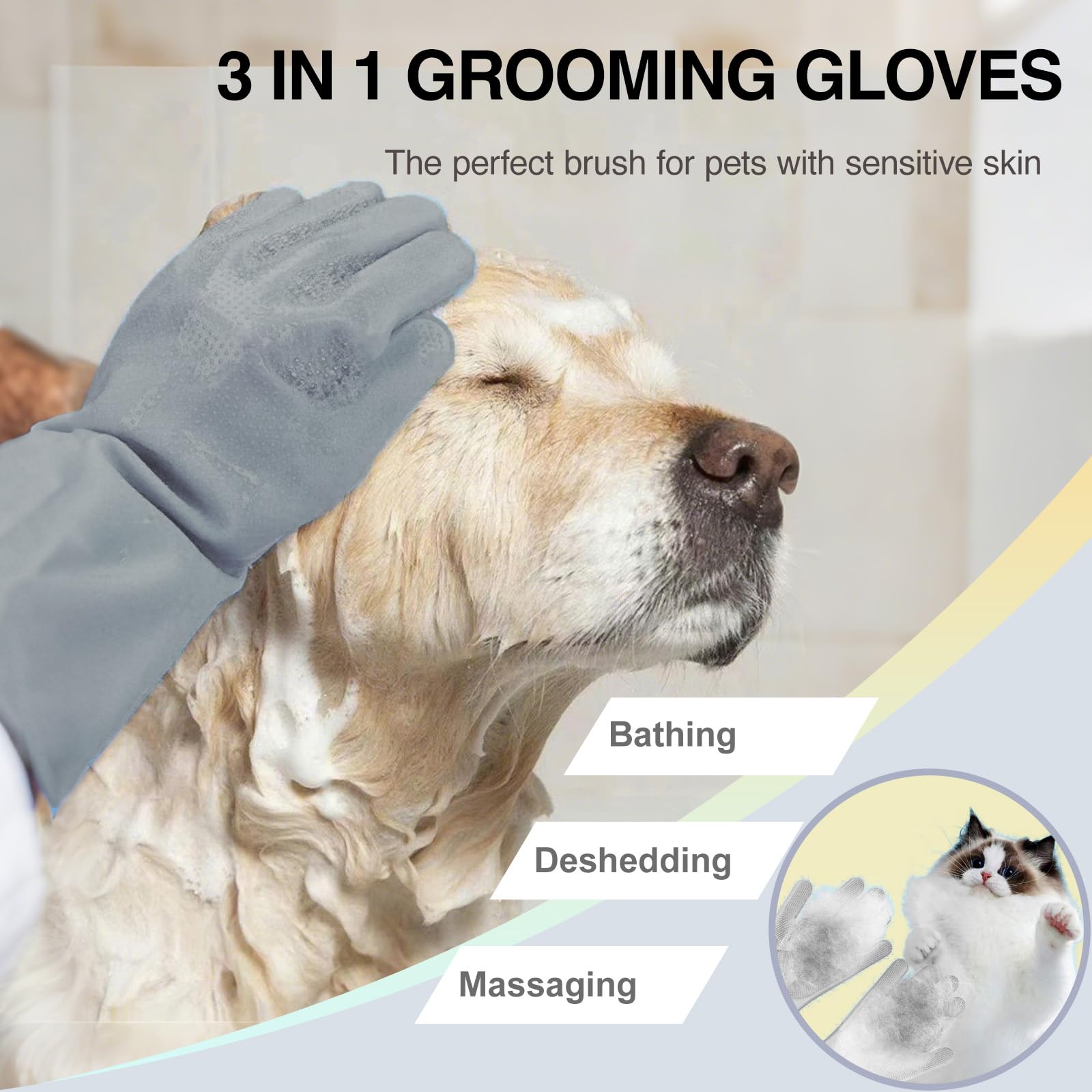Dog Washing Gloves for Shedding & Bathing - 5-Finger Deshedding & Massage Gloves for Dogs & Cats, Reusable Heat-Resistant Silicone Brush Gloves, Gentle Hair Removal & Bathing Aid (Pair) (Grey) - image 2