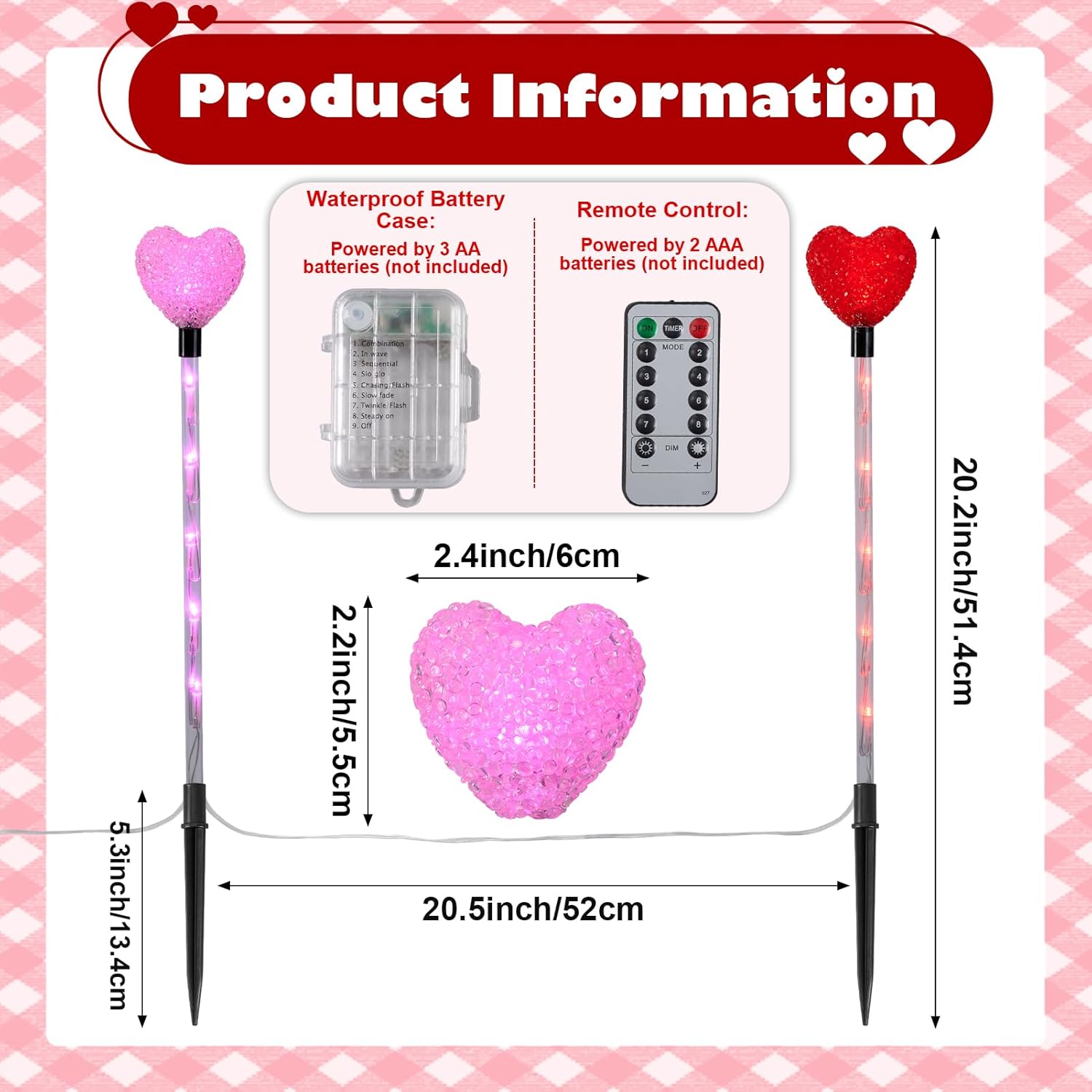 yunvi 6 pack valentine's day pathway lights,8 modes leds red&pink heart stake light with timer valentine walkway string lights markers for outdoor backyard patio lawn garden party decoration