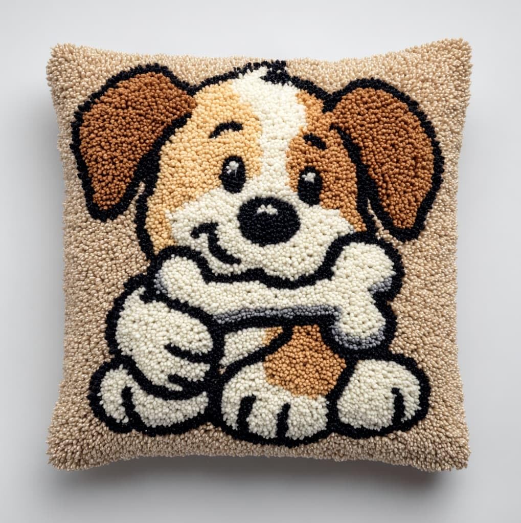WallustrioaW Latch Hook Pillow Kits,A Puppy Eating Bones,DIY Craft Kit for Adults Latch Hook Pillow Case Includes Canvas,Yarn,Instructions,17x17in