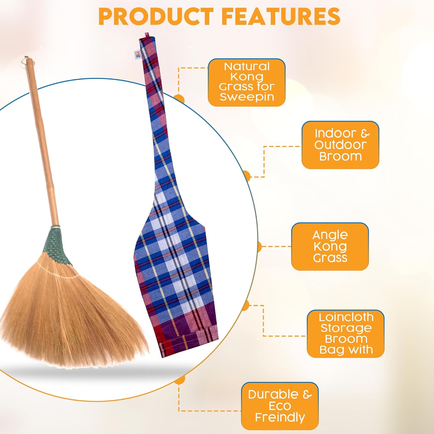 Hand Push Broom - Wooden Handle, Wide Bristle Head, Grass Bristles, Lightweight, Ideal for Stairs, Garage, Lawn, Kitchen, Patio - Includes Storage Bag & Broom Holder - 17" W x 40" H