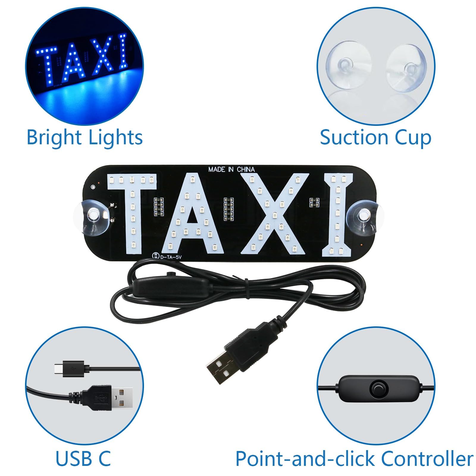 Segnali luminosi a LED, taxi per auto con presa USB, adesivo paraurti luminoso a LED vibrante, adesivi per decalcomania con logo taxi, ventose per parabrezza