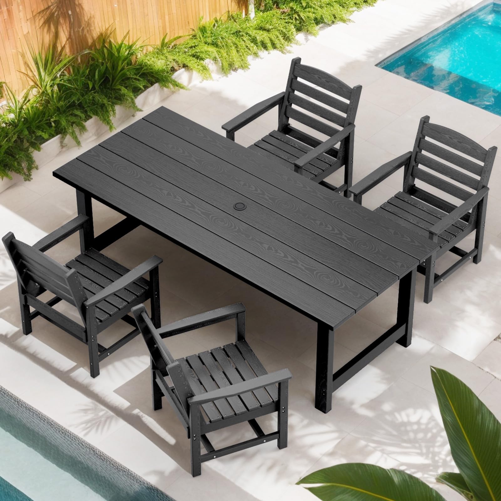 TenKa 5 Piece HDPE Patio Outdoor Furniture Set，Dining Table and Chairs,Outdoor Table with Umbrella Hole, Outdoor Dining Set for Garden, Backyard, Lawn
