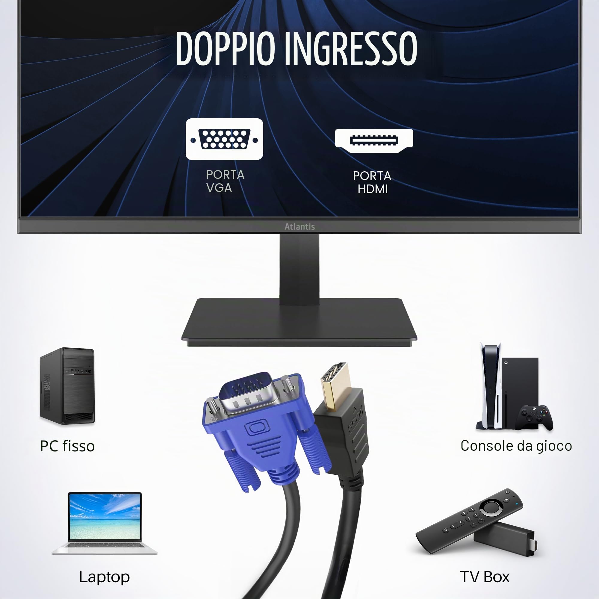 Atlantis Monitor 24 pollici, schermo 24" VA 120Hz, Full HD 1920x1080, VGA HDMI, MULTIMEDIALE, FreeSync, Uscita Audio/Cuffie, inclin, risposta 5ms, Contrasto 4000:1, Angolo 178/178, Cavo HDMI 1,5m