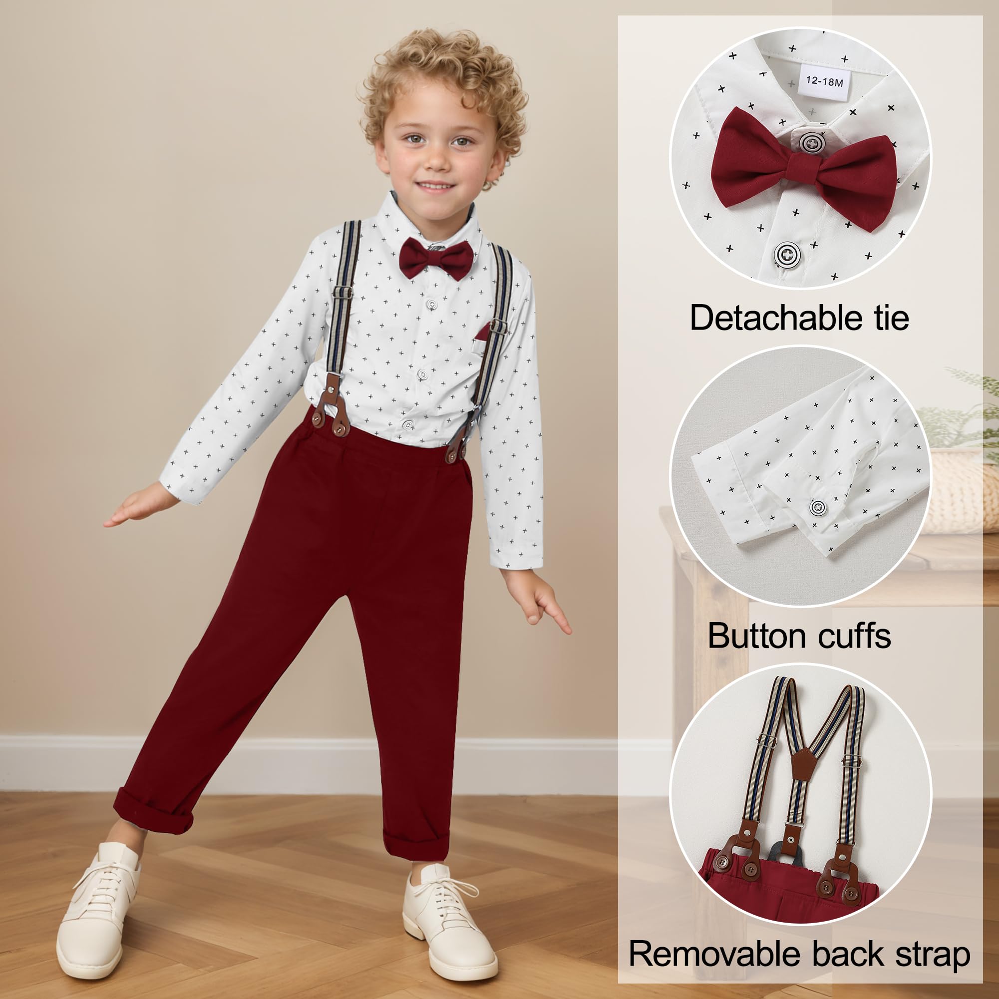 CARETOO Costume de gentleman pour enfant - Tenue de mariage - Robe formelle - Nœud papillon - Pantalon à bretelles longues - 1 à 5 ans