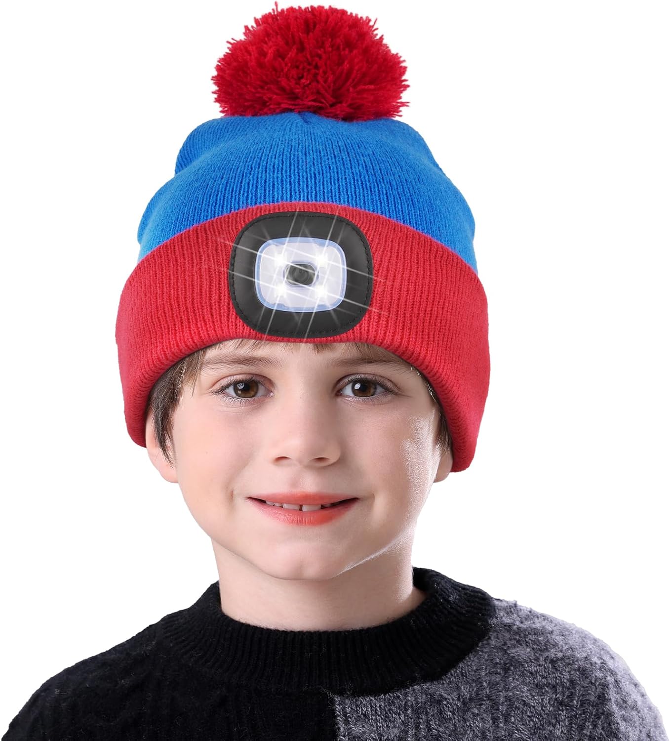 MELASA Hat with Light for Kids, Boys Girls Headlamp Beanie Winter Hat with Pom-Pom, Christmas Stocking Cap Stuffers Gifts