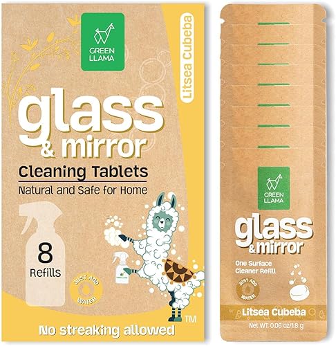 Green Llama Paquete de 8 repuestos para ventanas y cristales, embalaje compostable certificado, solución de limpieza natural para ventanas y vidrio,