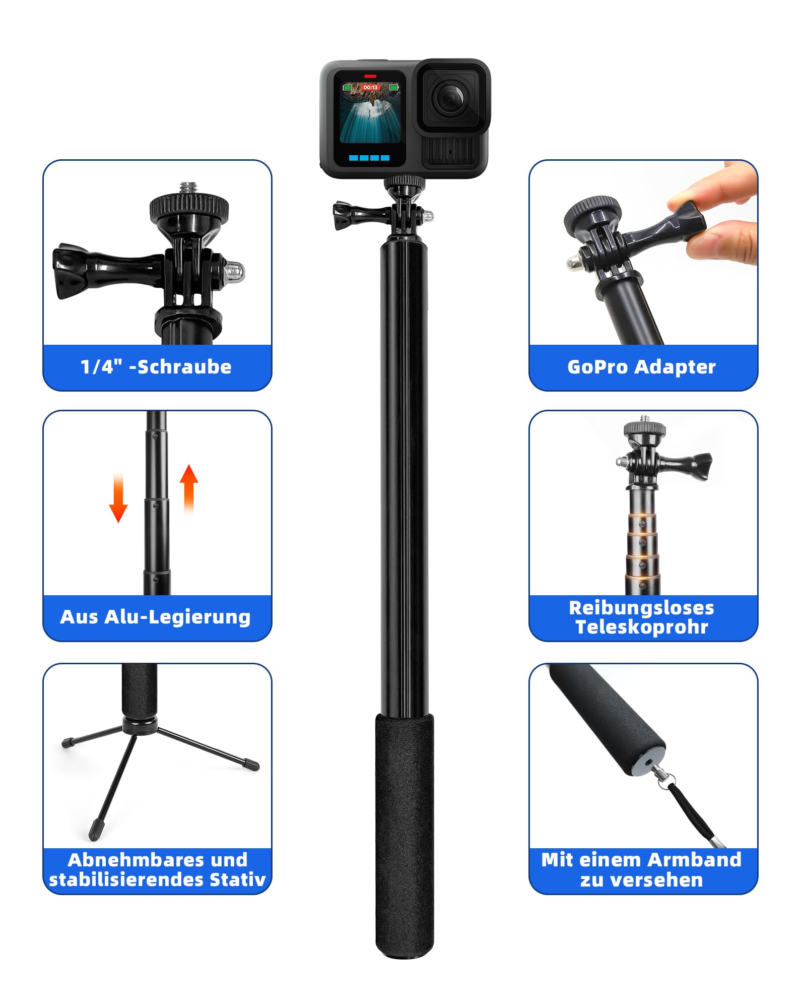 3m Selfie Stick Stativ aus Wasserdicht Aluminium,ausziehbares Monopod Stativ für Insta 360 X5/X4/X3/ONE RS/X2, GoPro Hero, DJI Osmo Action 5/4/2, Smartphones, 42-300 cm, mit Handyhalter & Tasche