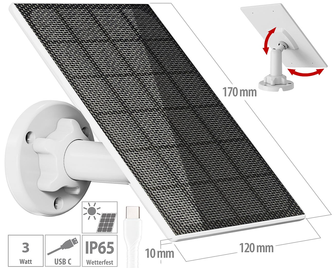 QWORK Panneau Solaire 4W Avec Câble 3m - Alimentation Caméra Sécurité Extérieur - Étanche