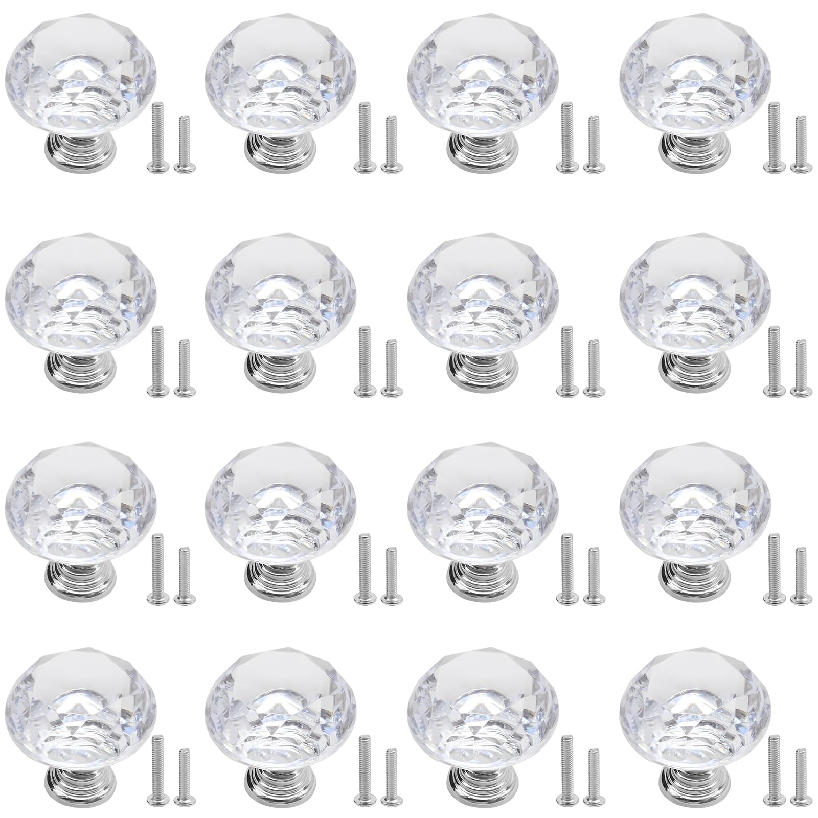 MospdyGear 16 PCS Decorative Crystal Drawer Pulls, 30mm Diamond Plastic Knobs with All Necessary Hardware (2 Screw Sizes), Universal Fit for Kitchen, Bathroom, and Bedroom
