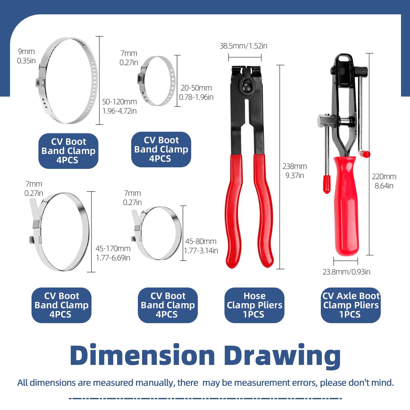 Glarks Kit di morsetti per bagagliaio in acciaio inox 304, 10 pezzi, strumento di bloccaggio per giunto CV per bagagliaio, strumento di crimpatura a crimpare per albero di trasmissione universale