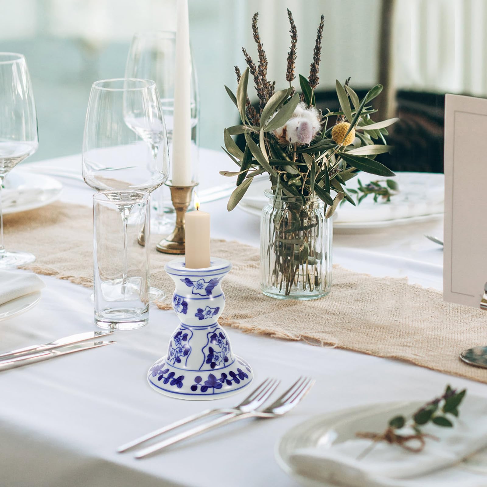 USHOBE Candelabro de Cerámica Azul y White Estilo Clásico, Versátil y Decorativo para Decoración del Hogar en Lugares Románticos y Cafés