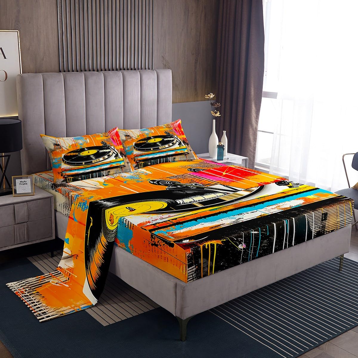jejeloiu 83s Retro Vinyl Record Bedding Set Full Size Music Bed Sheets Set for Boys Girls Children Vintage Record Player Music Notes Musician Fitted Sheet Room Decor Breathable Soft All Season 4Pcs