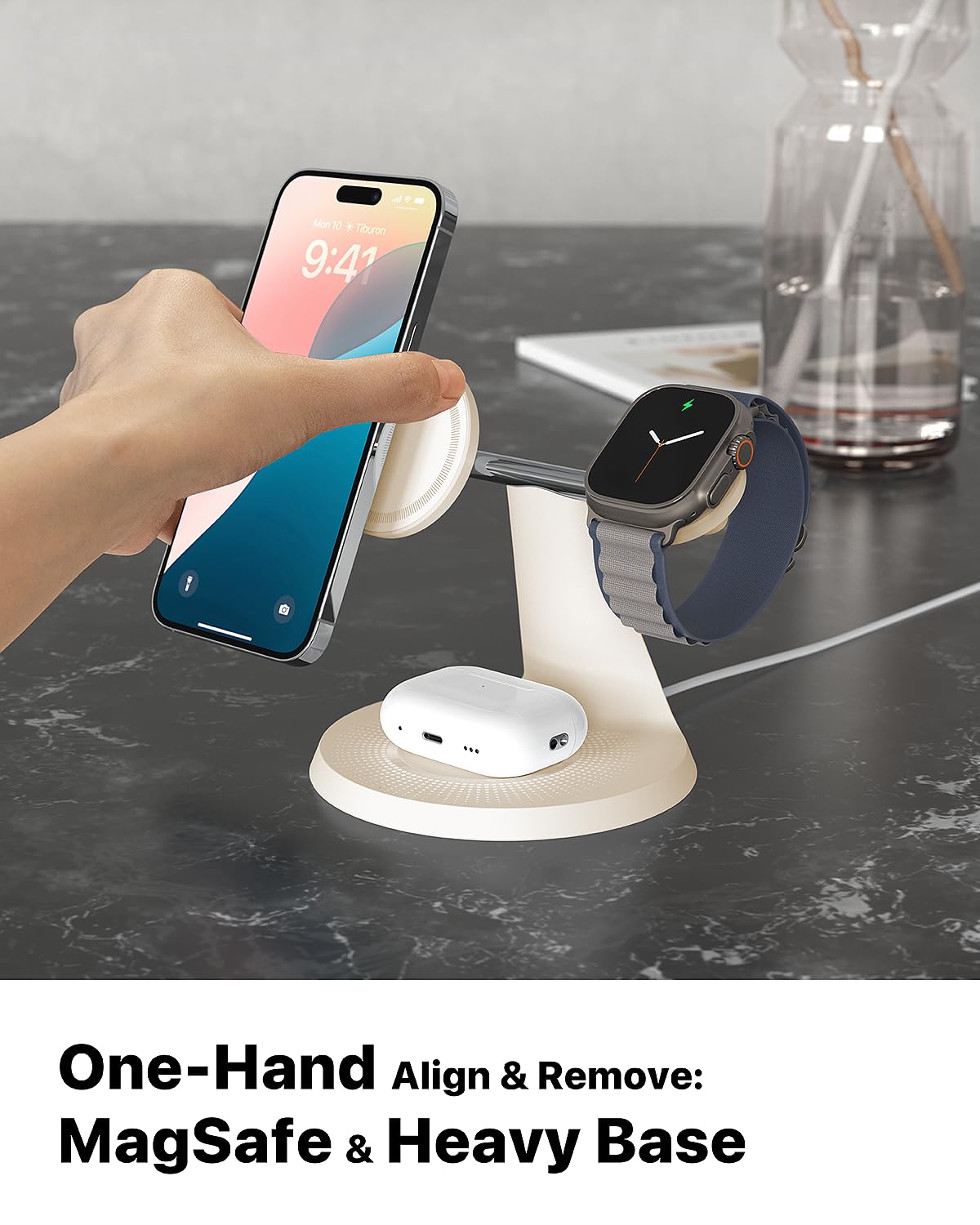 Estación de carga inalámbrica 3 en 1 para dispositivo Apple: estación de carga rápida para iPhone y reloj con MagSafe, soporte de cargador estable para iPhone 12-16 y iWatch y AirPods