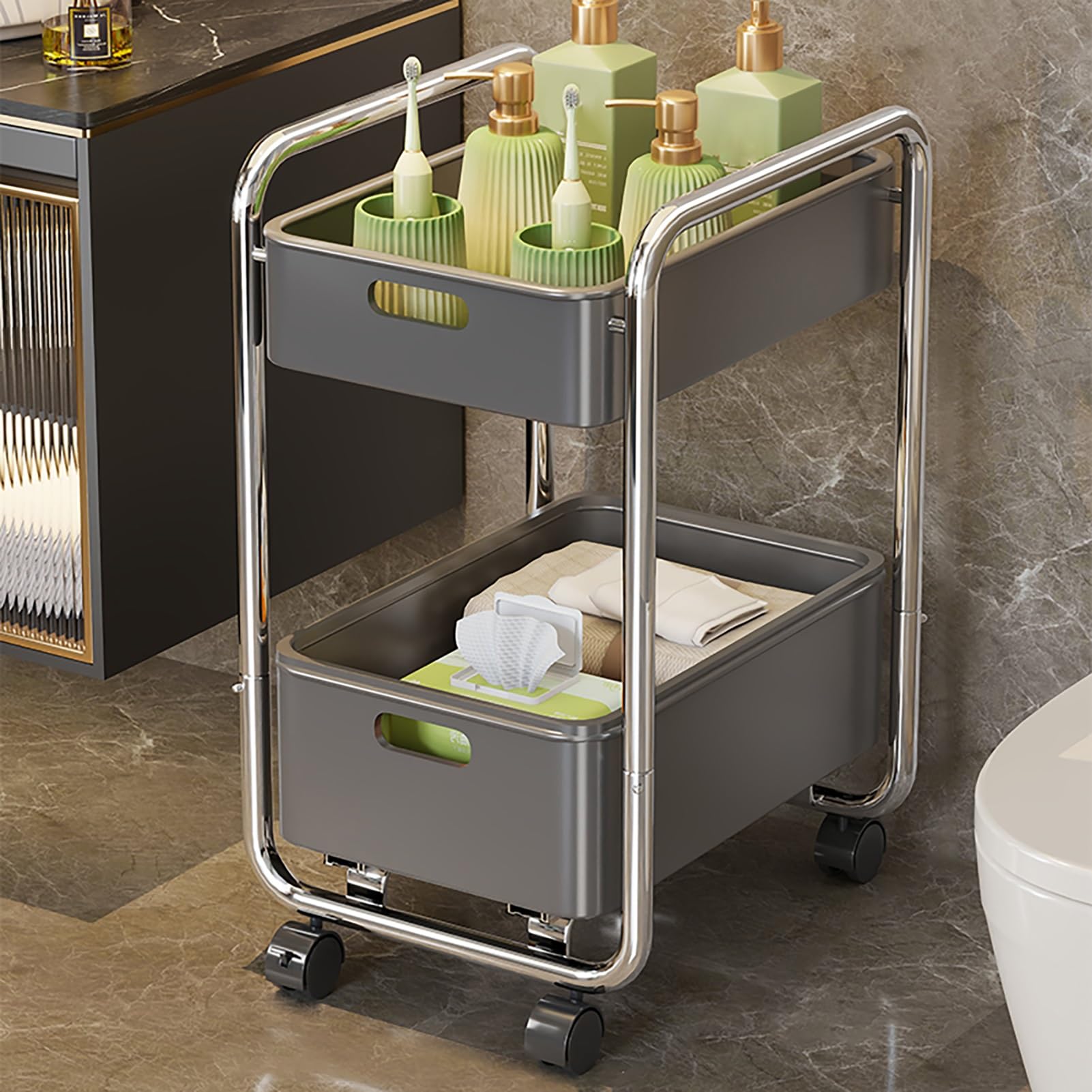 Schlanker Aufbewahrungswagen, 2 Etagen, Badezimmer-Organizer, Roll-Utility, ausziehbarer Heim-Organizer, Organisation für Wohnzimmer, Badezimmer, Küche und schmale Orte