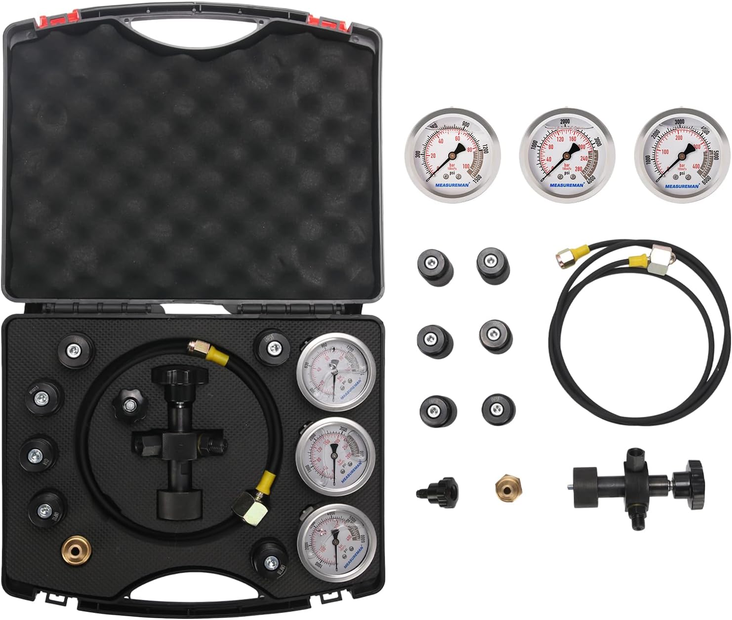 MEASUREMAN Nitrogen Accumulator Charging Kit, 1500-6000 PSI with 3 Precision Gauges, 6 Adapters for M28*1.5, UNF 5/8 & 1/2, Professional Hydraulic Tool Set for Pressure Testing