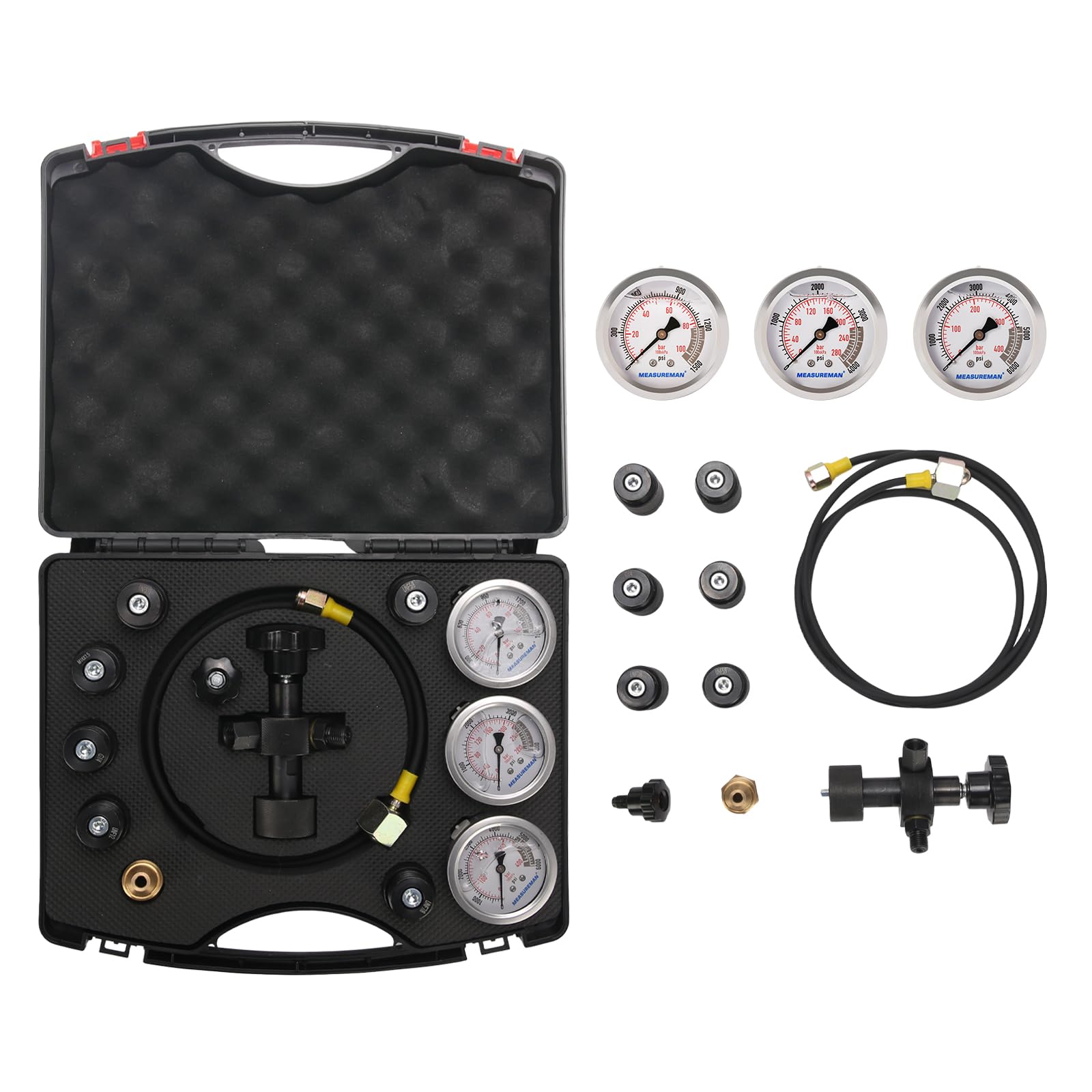 Kit Recharge Azote Accumulateur Hydraulique, Kit de test de pression d’azote, Système de test de pression d’azote, Outils de gonflage de gaz avec 7 raccords, 3 manomètres, 1 durite à gaz